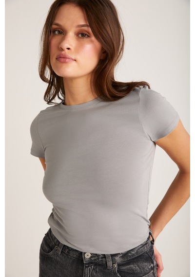 ETHIQUET ZE DA Kadın %100 Organik Pamuk Slim Fit Dar Kesim Bisiklet Yaka Kısa Kollu Gri T-shirt