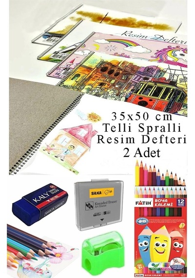 12 Renk Fatih Kuru Boya 35x50 Cm Telli Spralli Resim Defteri Hamur Silgi Kalemtraş 15 Yaprak Resim Defteri Kuruboya Çok Renkli