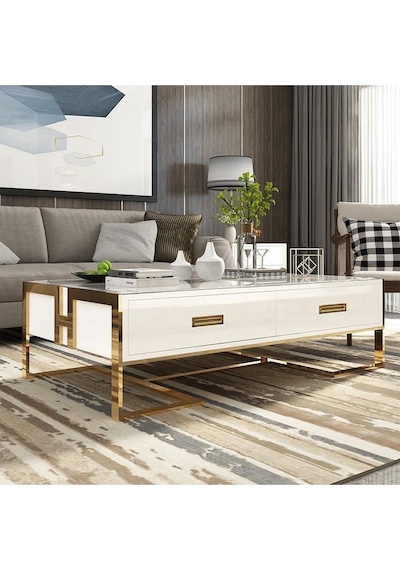 Barbara Gold Metal Beyaz Orta Sehpa