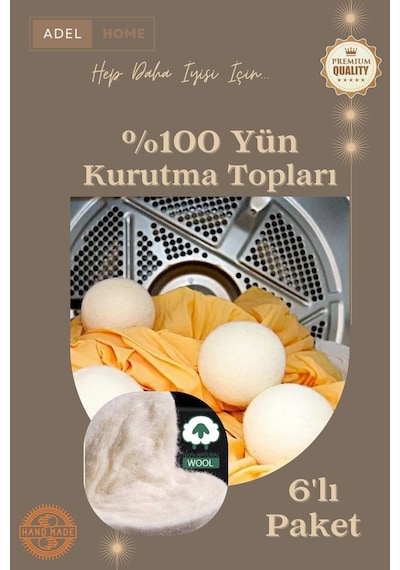 %100 Yün Kurutma Topları 6'lı Paket + Keten Saklama Torbası