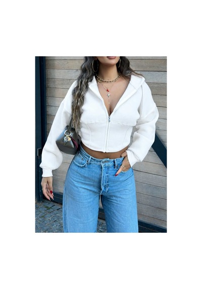 Evoa Kadın Beyaz Oversize Kol Kapüşonlu Crop Hırka