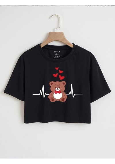Bear Minimal Kalpler Baskılı Kadın Crop Siyah T-shirt Siyah2-280912