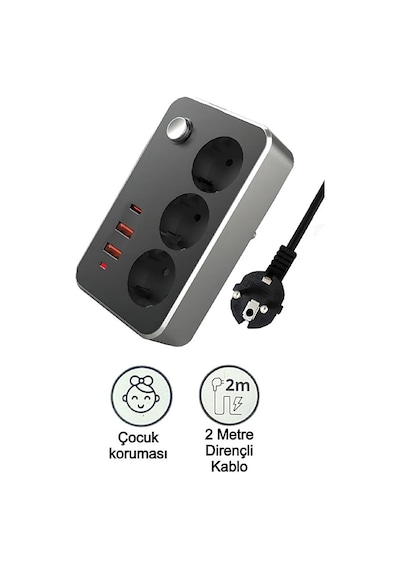 Çoklu 3lü Priz 2500 Watt Akım Korumalı 2m Uzatma Kablosu 2xusb 1x Diğer