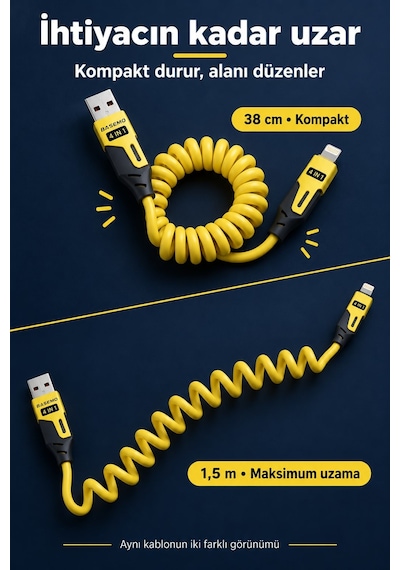 Spiral Esnek Usb Type-c Ve Lightning Şarj Kablosu 1.5 Metre