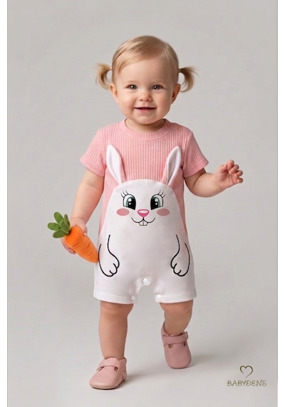 Babyden's Tavşan Figürlü Kız Bebek Şortlu Tulum %100 Pamuk Yazlık Tulum Günlük Bebek Tulumu 0-9 Ay Pudra
