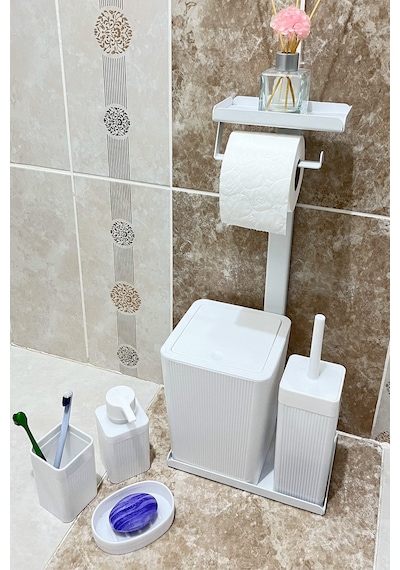 6 Parça Banyo Seti Çöp Kovası, Wc Fırça, Tuvalet Kağıtlık, Diş Fırçalık, Sıvı Sabunluk, Sabunluk Beyaz