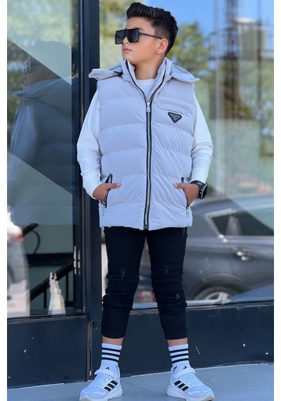 Pina Kids Erkek Çocuk Çıtçıt Kapüşonlu Nova Kumaş Şişme Yelek Ylk3026 Gri