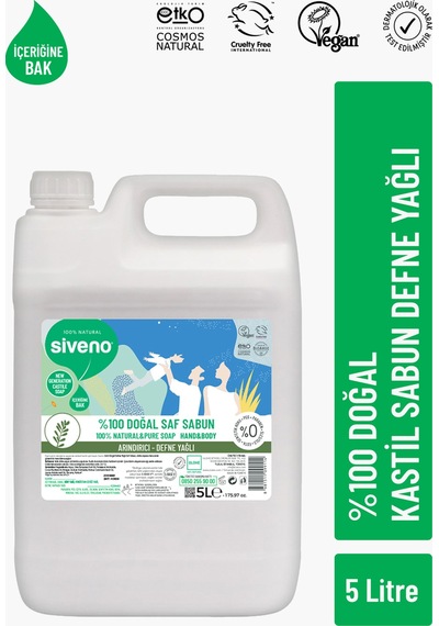 Siveno %100 Doğal Sıvı Kastil Sabun Defne Yağlı Nemlendirici Bitkisel Vegan 5 L