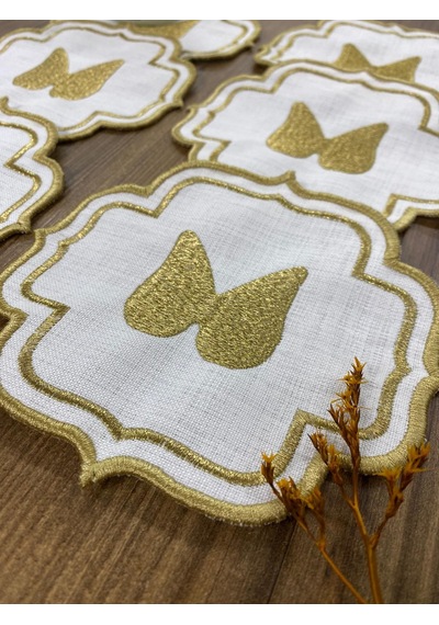 Gold Angel 6'lı Kahve Yanı Sunumluk Peçete Linen Keten Sırma Nakış İşlemeli Kokteyl Peçetesi Altın