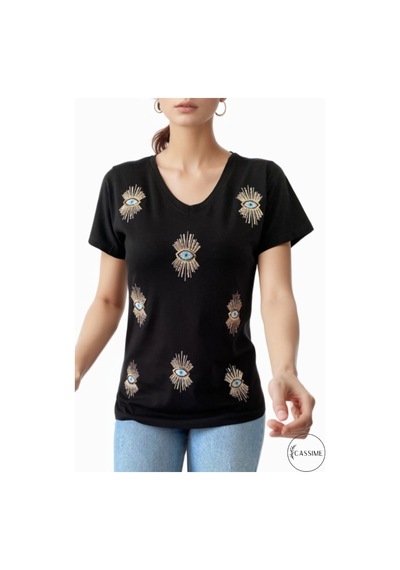 Cassime Kadın Kadın Siyah V Yaka Göz Pul Ve Nakış Işlemeli Tişört S-m-l-xl-2xl-3xl