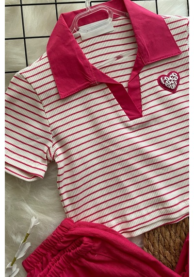 Turuncu Gardrop 8-14 Yaş Polo Yaka Çizgili Crop Fuşya Fuşya