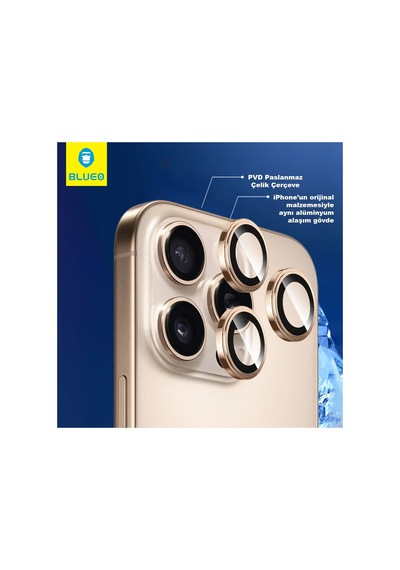 İphone 15 Pro / 15 Pro Max / 16 Pro / 16 Pro Max Uyumlu %99.99  Safir Kamera Lens Koruyucu - Mavi
