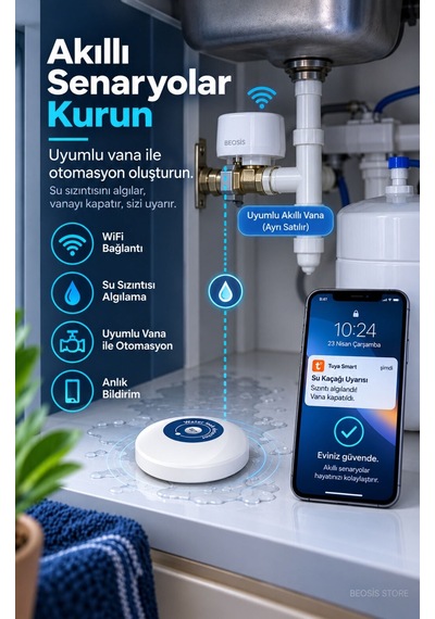 Wifi Su Baskını Ve Kaçak Sensörü Fonri, Tuya, Smart Life, Google Assistant, Amazon Alexa Destekli