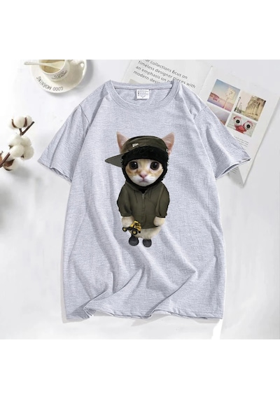 Flood Of Style Tonka T Shirt İle Yeat Kitty Erkekler Komik Sevimli Kedi Grafik Tee % Baskılı Tişört Pamuk Te Gri