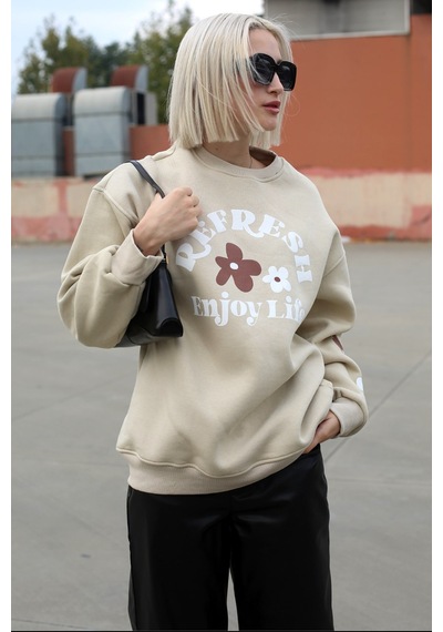 Bej Bisiklet Yaka Baskılı Sweatshirt Mg1572
