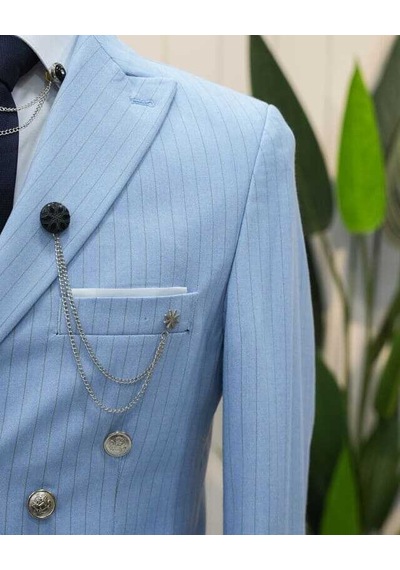 Beystil Sivri Yaka Bebe Mavisi Çizgili Kruvaze Takım Elbise - Slim Fit Mavi