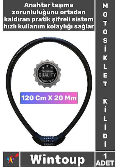 Kilit Dayanıklı Yüksek Güvenli Motor Bisiklet 120 Cm 20 Mm 5 Hane Şifreli Siyah Motosiklet Kilidi