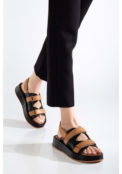 Analin Shoes Kadın Hakiki Deri Cırtlı Kalın Taban Sandalet Siyah