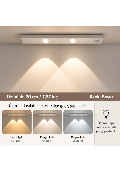 Neo Vista Hareket Sensörlü Slim Led Kabin Armatürü Dekoratif Dim Edilebilir Usb Şarjlı Aydınlatma Beyaz, 20 Cm Diğer