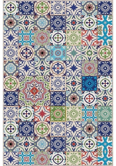 Rugviva Kaymaz Taban Makinede Yıkanabilir Renkli Çini Kesme Rulo Yolluk Ar499, Turkuaz, 60 X 200 Çok Renkli