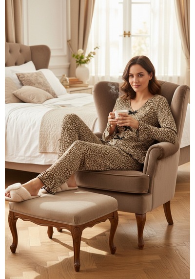 I-moda Kadın Uzun Kollu Leopar Desenli Fiyonklu Ev Giyim Pijama Takımı