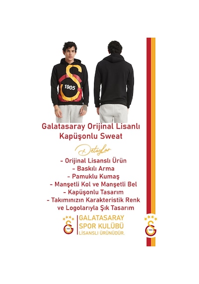 Galatasaray Lisanslı Kapüşonlu Logo Erkek Sweat Gs Bileklik Set Ahşap Kutulu 096 Siyah