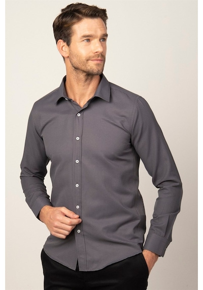 Tudors Modern Fit Uzun Kollu Armürlü Kravatlık Erkek Gri Gömlek-26541 Gri