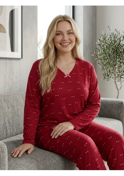 Büyük Beden Yumuşak Tuşeli Uzun Kol Likralı Pijama Takımı 8708 Bordo