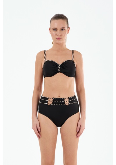 Louren Kadın Siyah/mavi Biye Detaylı Kaplı Telli Yüksek Bel Straplez Bikini Takımı Siyah