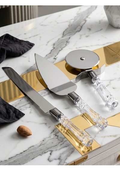 Mucit Home 3lü Kristal Görünümlü Saplı Çelik Servis Seti Pizza Kesici Kek Bıçağı Pasta Spatulası Beyaz