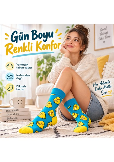S'82 Renkli Civciv Desenli Unisex Çorap 3'lü Set Yumuşak, Esnek, Konforlu Ve Günlük Kullanıma Uygun sari