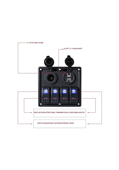 Bfy Switch Panel 4'Lü Usb 12V Çakmaklık