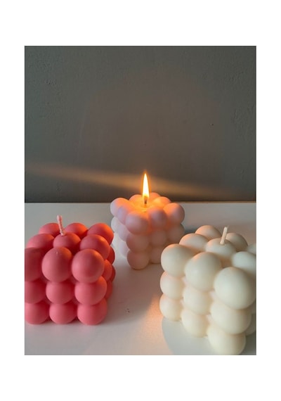 Modern Bubble Küp Mum Pembe Beyaz Dekoratif Mum 3 Adet Kırmızı