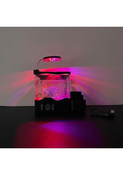 Led Işıklı Masaüstü Akvaryum Dijital Saatli Kalemlik Masa Organizeri