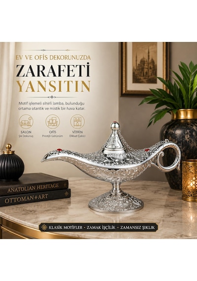 Lüks Alaaddin Sihirli Lamba 35 Cm Tütsülük Buhurdanlık Zamak İşlemeli Dekoratif Biblo Obje 01526515