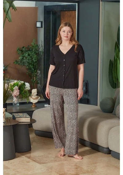 Modadua Aqua 26683 Kadın Önü Düğmeli Kısa Kol Pijama Takım Siyah