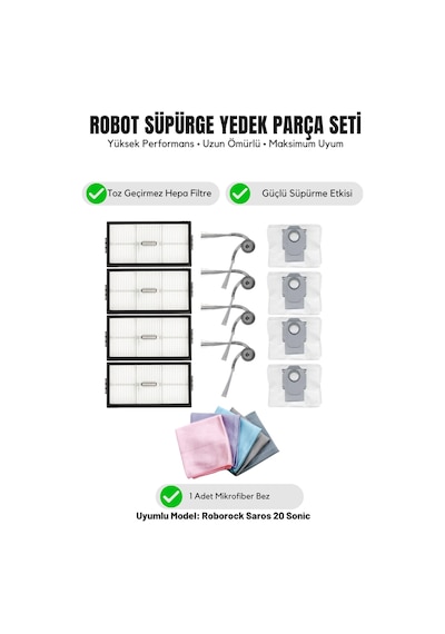 Roborock Saros 20 Sonic İle Uyumlu 4 Yan Fırça 4 Filtre 4 Toz Torbası 1 Temizlik Bezi 14.0