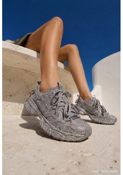 Kadın Silver T11 İthal Işıltılı Taş Kaplama Özel Tasarım Sneaker Ayakkabı Gri