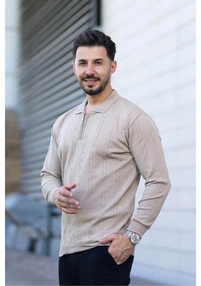 Hk Premium Triko Kazak Polo Yaka Fermuarlı Slim Fit Bej