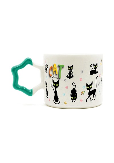 Cat Love Baskılı Yeşil Kulplu Yıldız Kupa