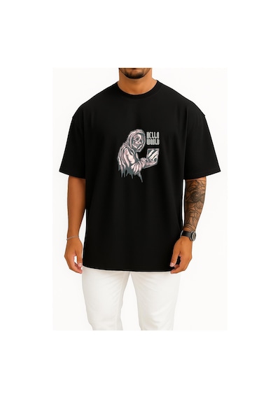 Bahriyeli Collection Oversize Bilgisayar Programcısı Hello World Göğüs Tasarımlı Unisex T-shirt Siyah