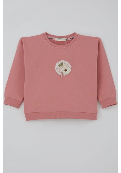 Breeze Kız Çocuk Sweatshirt Triko Çiçek Aplike Armalı 2-6 Yaş, Gülkurusu