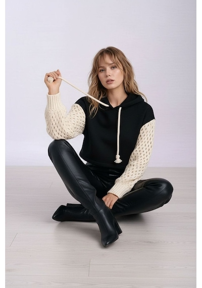 Mamayaga Kadın Kolları Triko File Örgü Şık Tasarım Crop Boy Kapüşonlu Sweatshirt Design Kazak Siyah