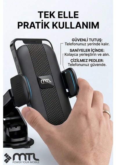 Uzatılabilir Kol Araç İçi Dayanıklı Güçlü Vantuzlu Telefon Tutucu Kilitli 360 Döner Başlık Mt6068 Siyah