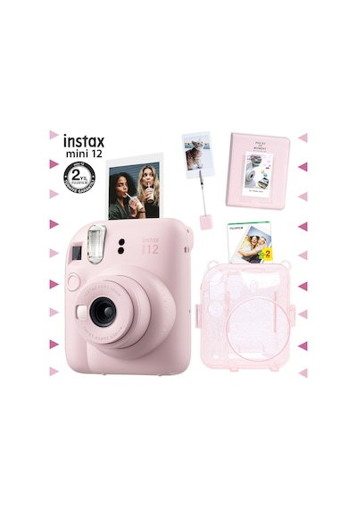 Fujifilm Instax Mini 12 Fotoğraf Makinesi + 20'li Film + Kıskaçlı Stand + pvc Albüm + Simli Pleksi Kılıf Seti Pembe