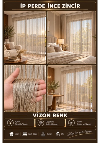 İp Perde Özel Seri İnce Zincir Vizon En 100 Cm Boy 300 Cm Korniş Veya Rustik Kullanılabilir