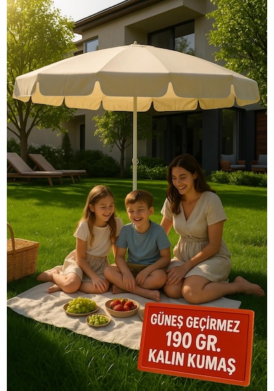 Plaj Şemsiyesi - Güneş Ve Balkon Şemsiyesi 200 Cm 10 Telli Kalın Kumaş Krem Renk Kısa Saçaklı