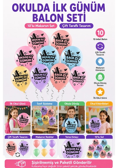 Okulda İlk Günüm 10'lu Makaron Balon Seti Çift Taraflı Back To School Okul Açılışı Diğer