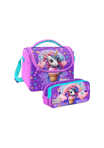 Coral High Kız Çocuk Mor Pembe Dondurma Unicorn Thermo Beslenme Çantası Ve İki Bölmeli Kalemlik Seti Mor - Pembe