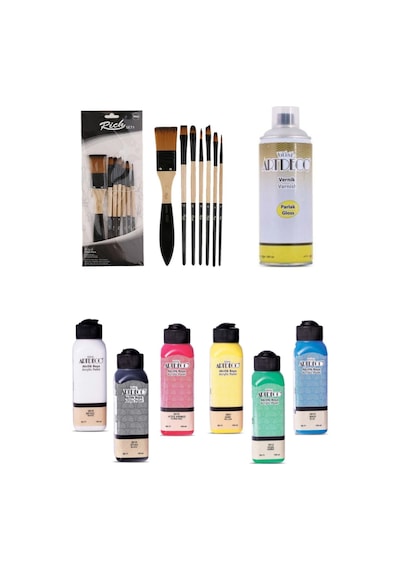 Artdeco 6x140 Ml Akrilik Boya + Rich 7'li Karma Fırça Seti + Artdeco 400 Ml Parlak Sprey